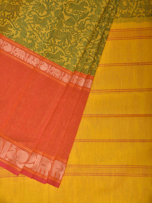 Green and Orange Kanchipuram Cotton Saree with Middle Brocade Design k1050