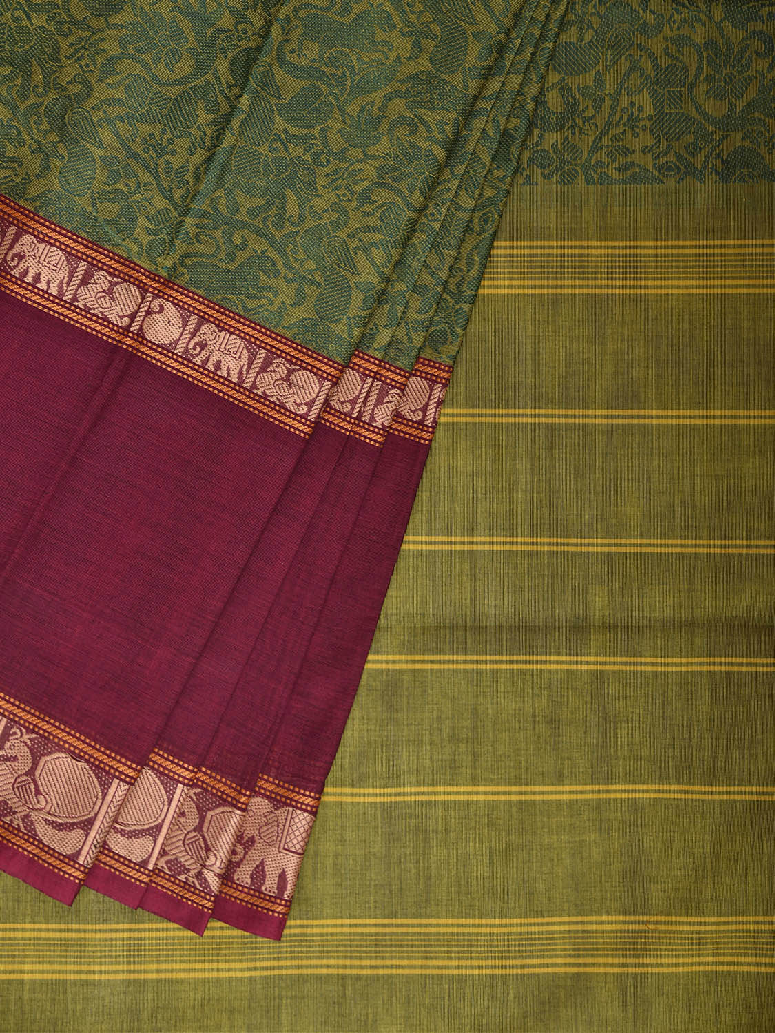 Green and Purple Kanchipuram Cotton Saree with Middle Brocade Design k1051