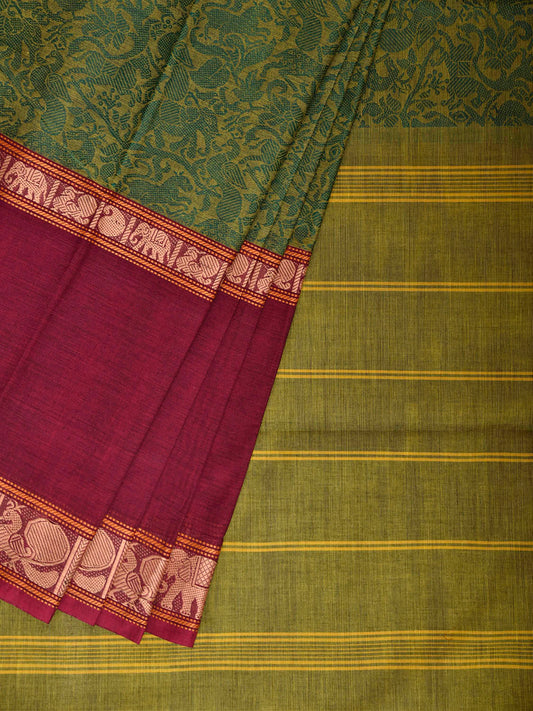 Green and Purple Kanchipuram Cotton Saree with Middle Brocade Design k1051