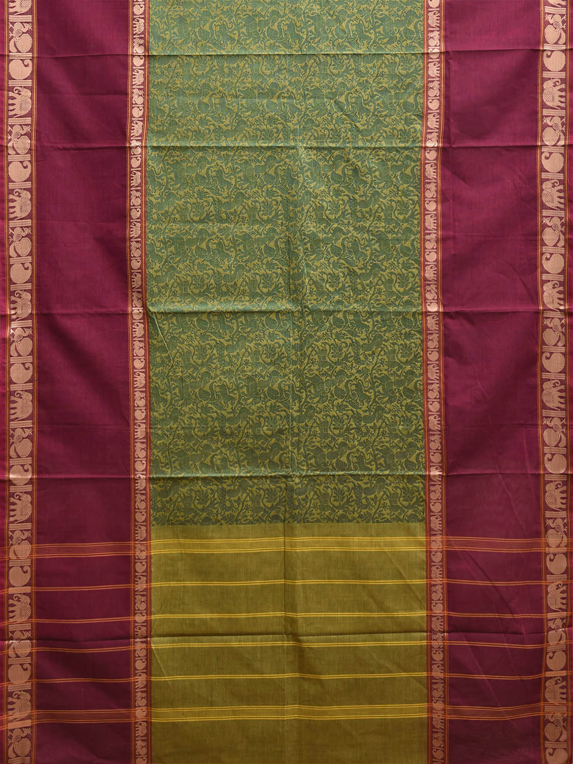 Green and Purple Kanchipuram Cotton Saree with Middle Brocade Design k1051
