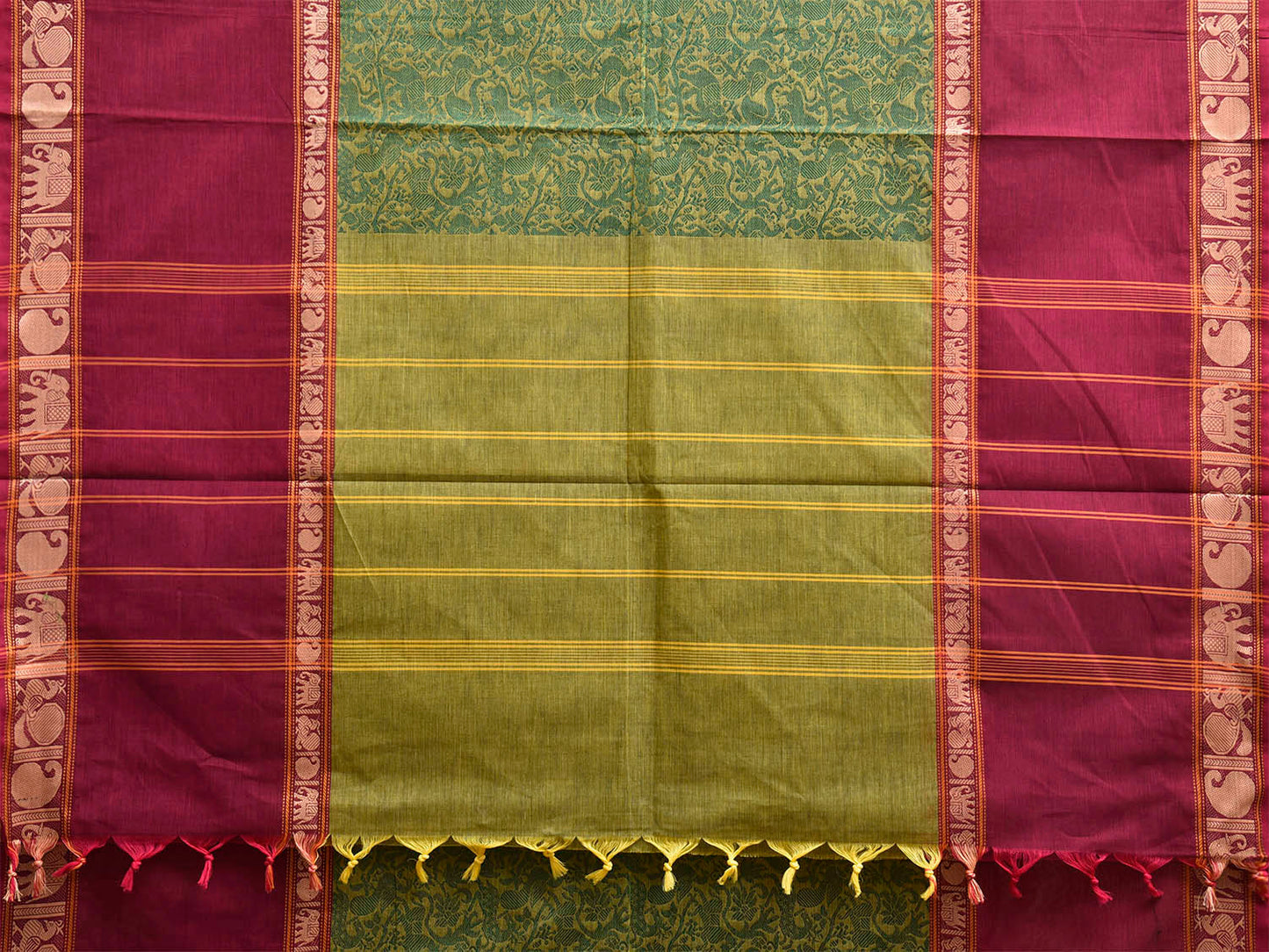 Green and Purple Kanchipuram Cotton Saree with Middle Brocade Design k1051