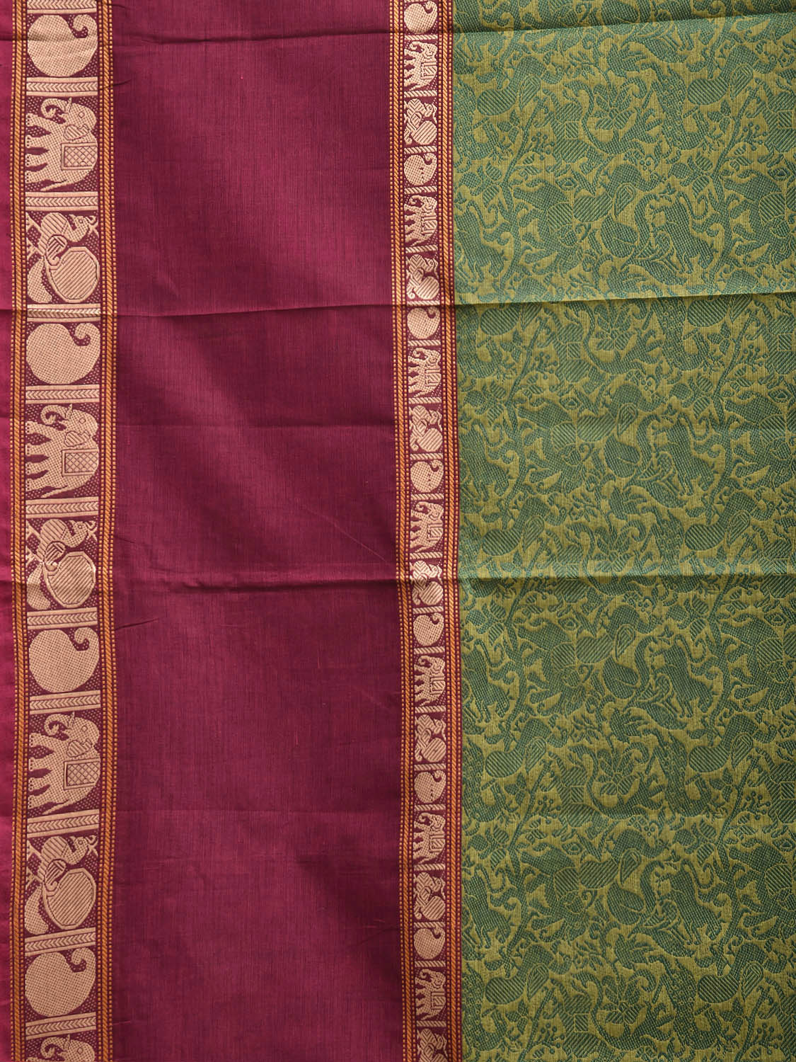 Green and Purple Kanchipuram Cotton Saree with Middle Brocade Design k1051