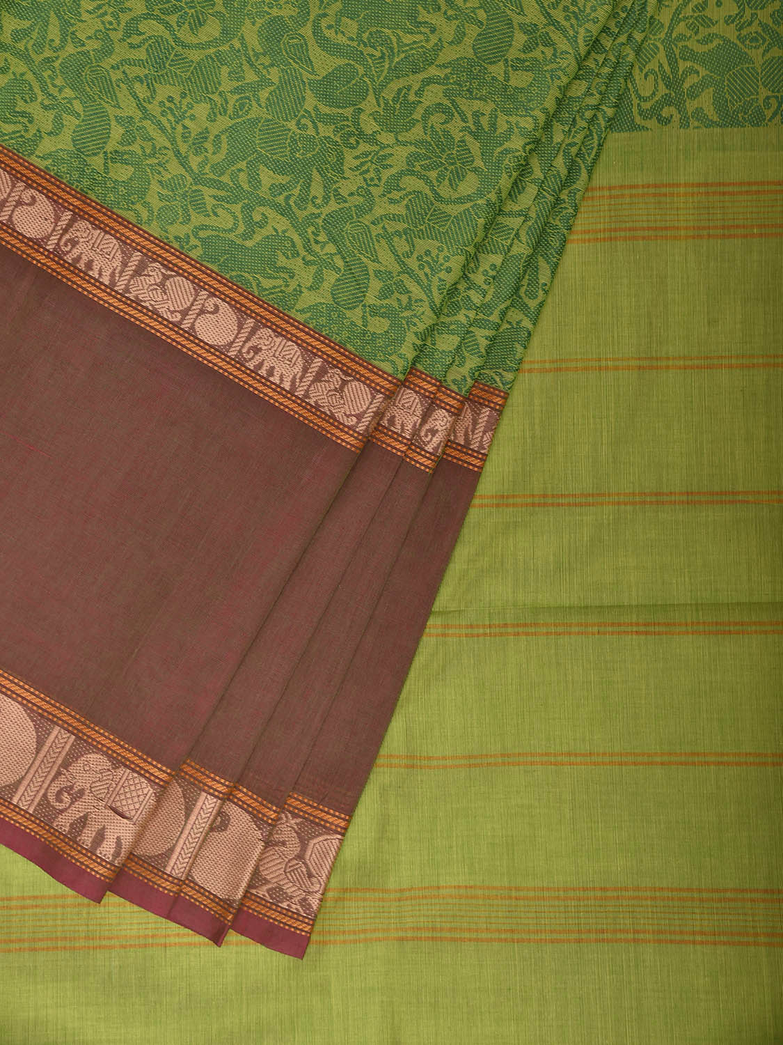Green and Fawn Kanchipuram Cotton Saree with Middle Brocade Design k1052