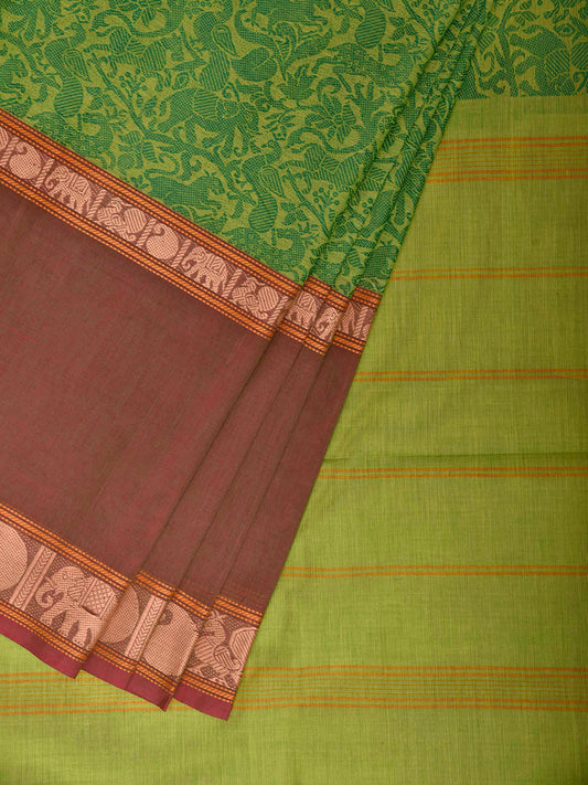 Green and Fawn Kanchipuram Cotton Saree with Middle Brocade Design k1052