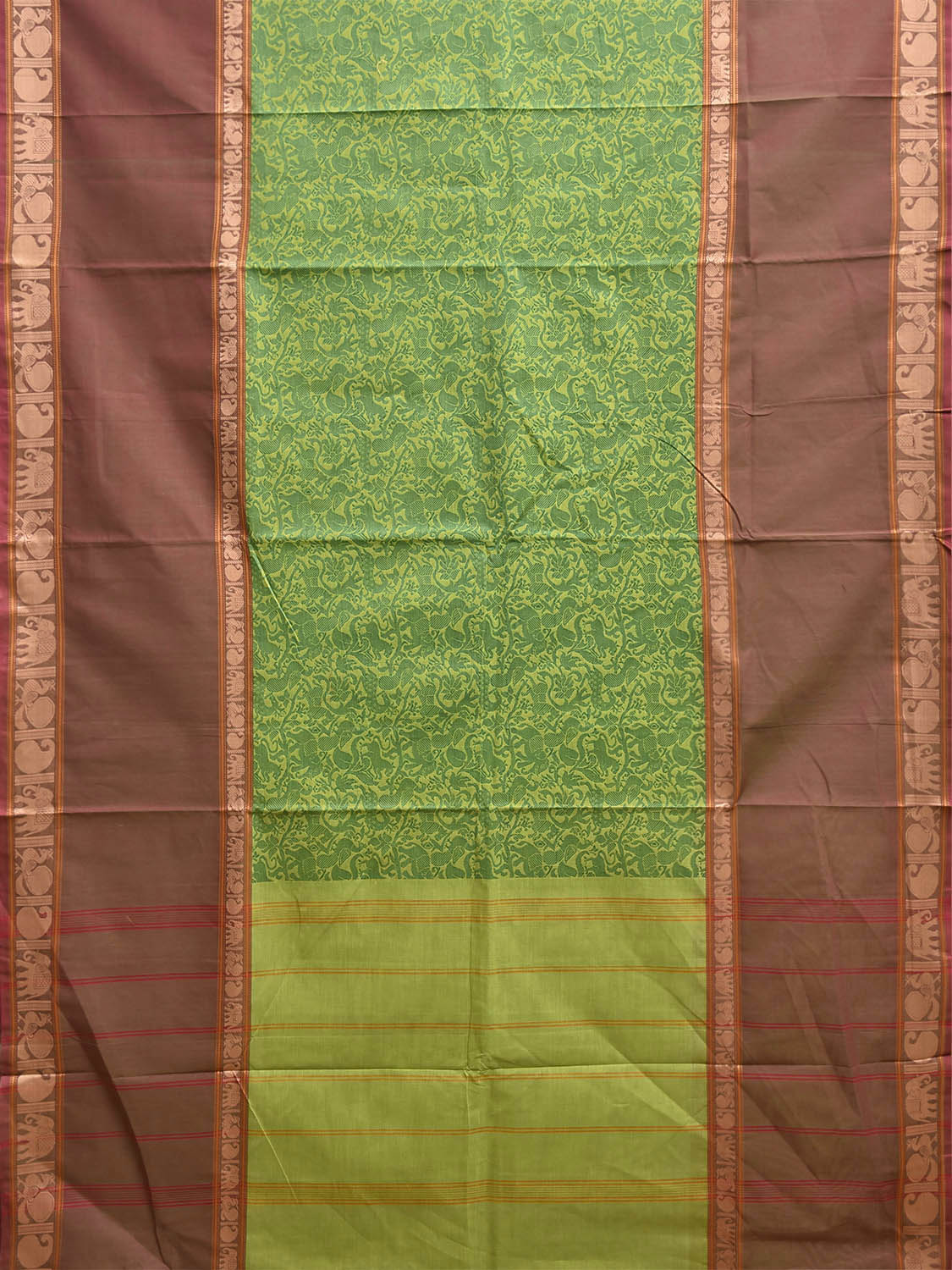 Green and Fawn Kanchipuram Cotton Saree with Middle Brocade Design k1052