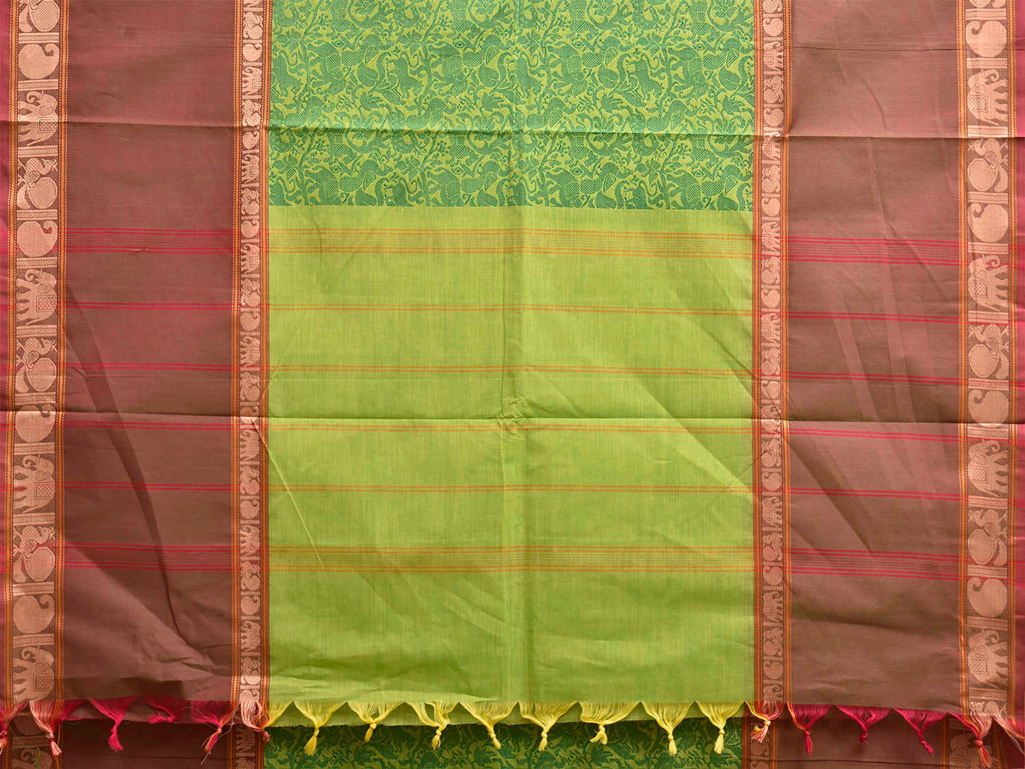 Green and Fawn Kanchipuram Cotton Saree with Middle Brocade Design k1052