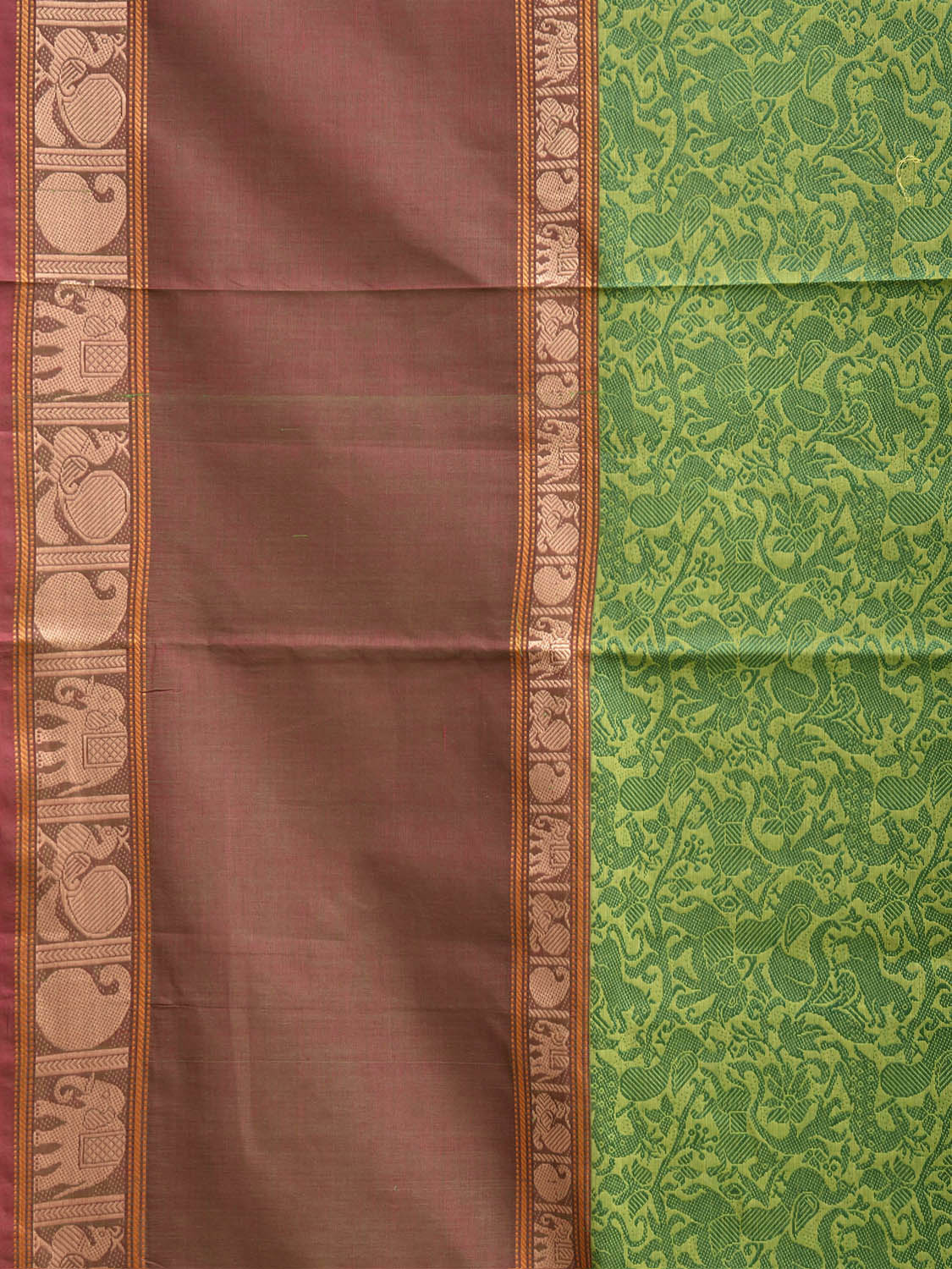 Green and Fawn Kanchipuram Cotton Saree with Middle Brocade Design k1052