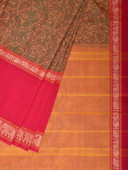 Light Orange and Pink Kanchipuram Cotton Saree with Middle Brocade Design k1053