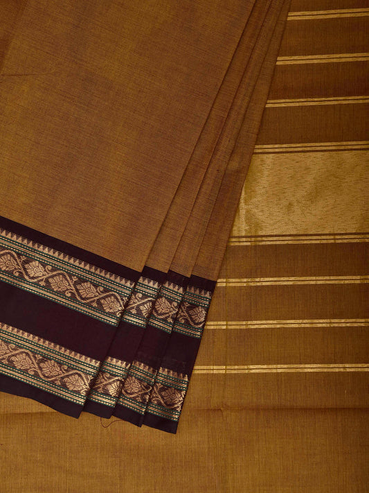 Olive and Dark Brown Kanchipuram Cotton Plain Saree with Border and Strips Pallu Design k1054