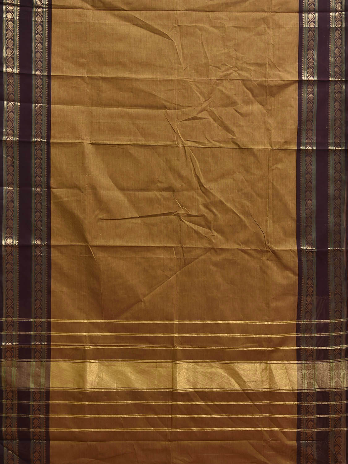 Olive and Dark Brown Kanchipuram Cotton Plain Saree with Border and Strips Pallu Design k1054