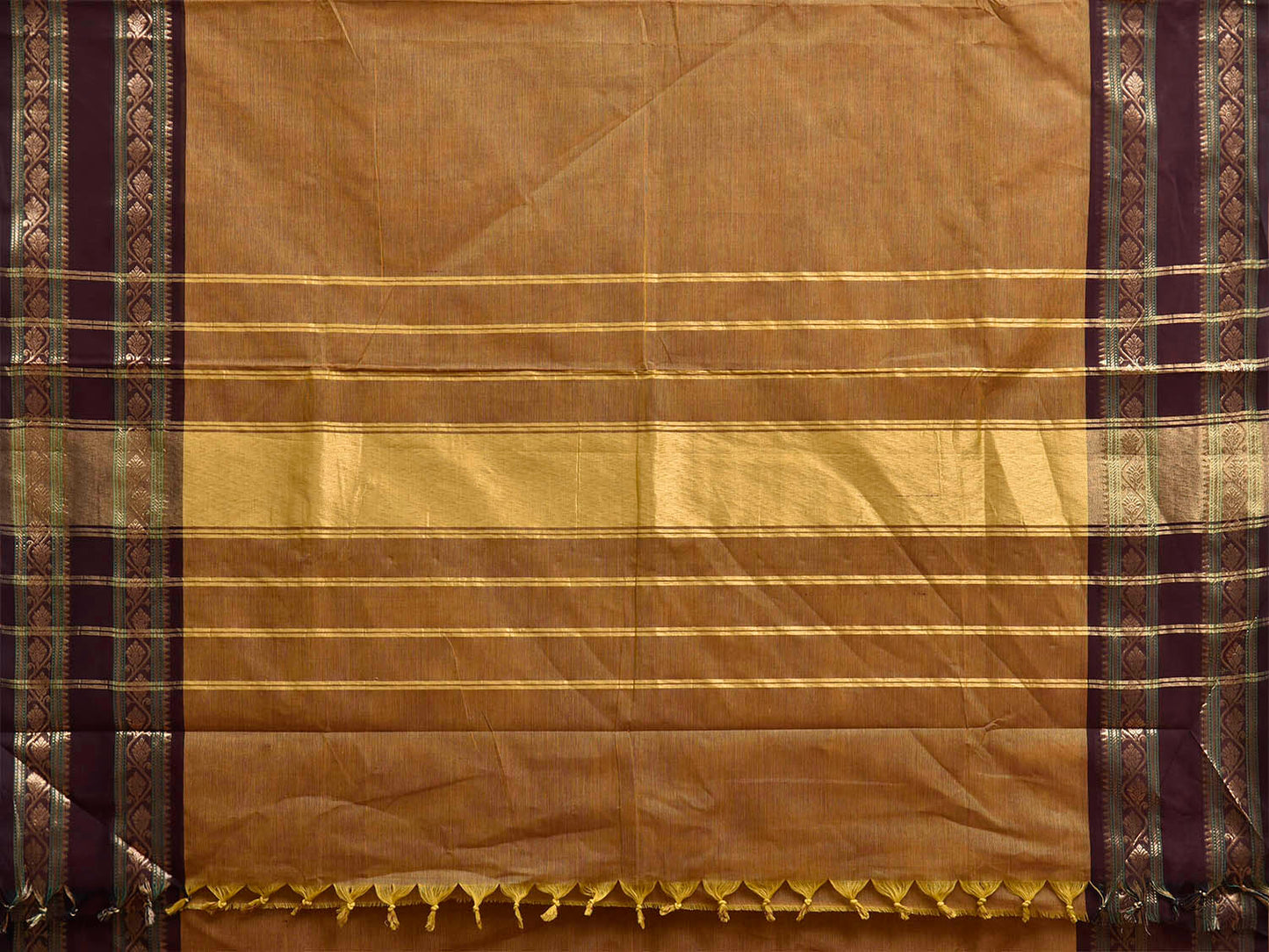 Olive and Dark Brown Kanchipuram Cotton Plain Saree with Border and Strips Pallu Design k1054