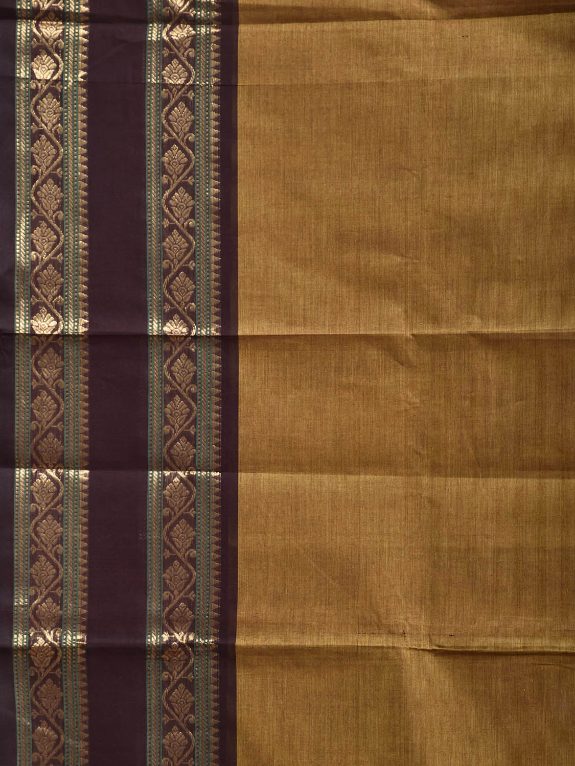 Olive and Dark Brown Kanchipuram Cotton Plain Saree with Border and Strips Pallu Design k1054