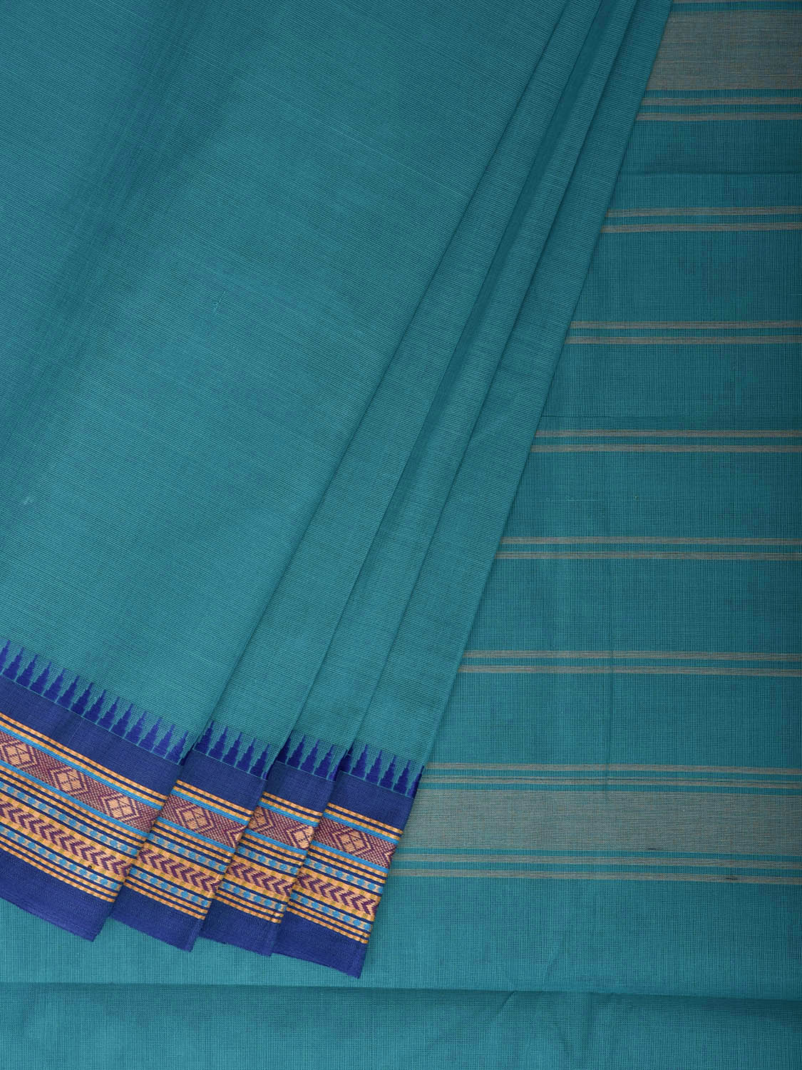 Blue Kanchipuram Cotton Plain Saree with Border and Strips Pallu Design k1055