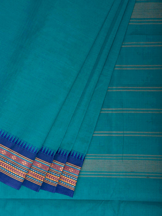 Blue Kanchipuram Cotton Plain Saree with Border and Strips Pallu Design k1055