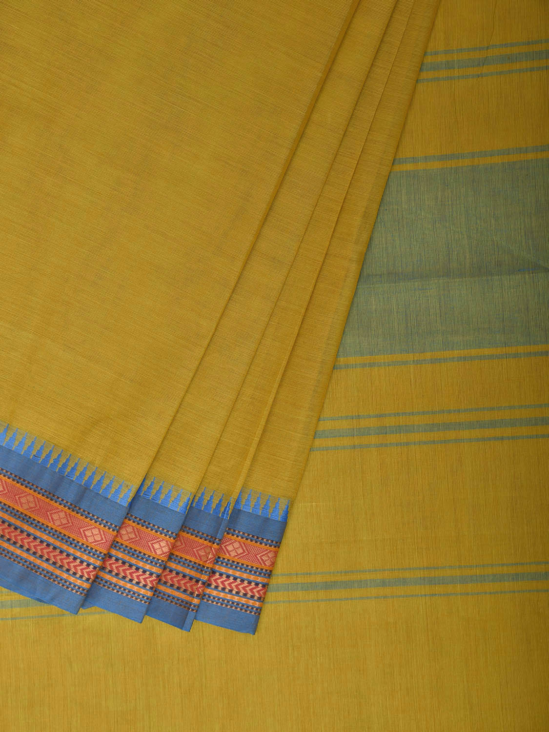 Yellow and Blue Kanchipuram Cotton Plain Saree with Border and Strips Pallu Design k1056
