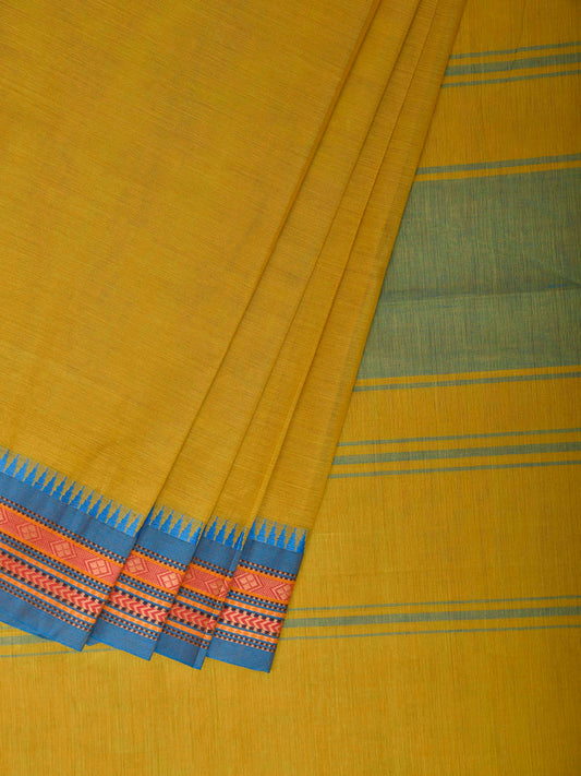 Yellow and Blue Kanchipuram Cotton Plain Saree with Border and Strips Pallu Design k1056