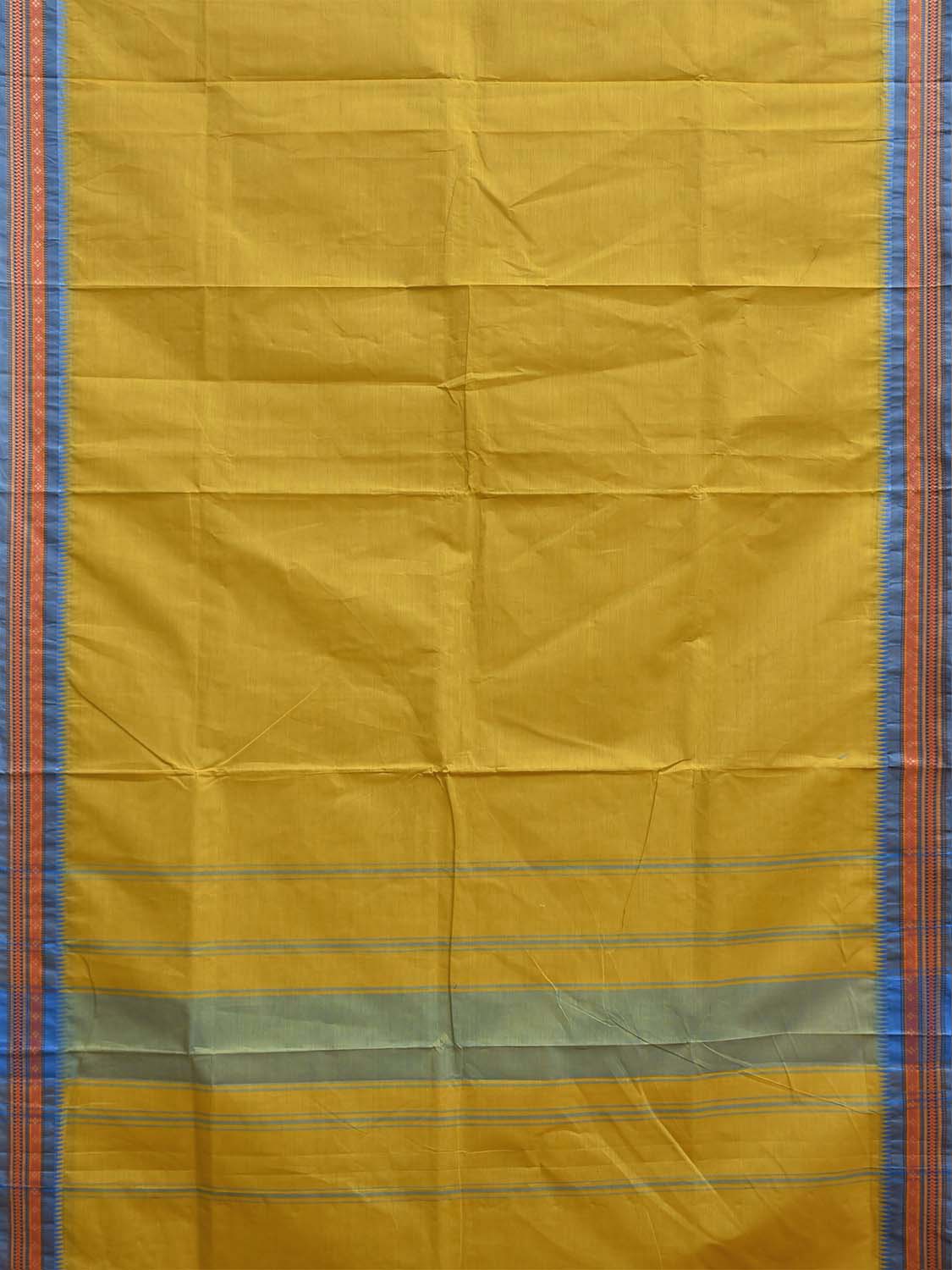 Yellow and Blue Kanchipuram Cotton Plain Saree with Border and Strips Pallu Design k1056