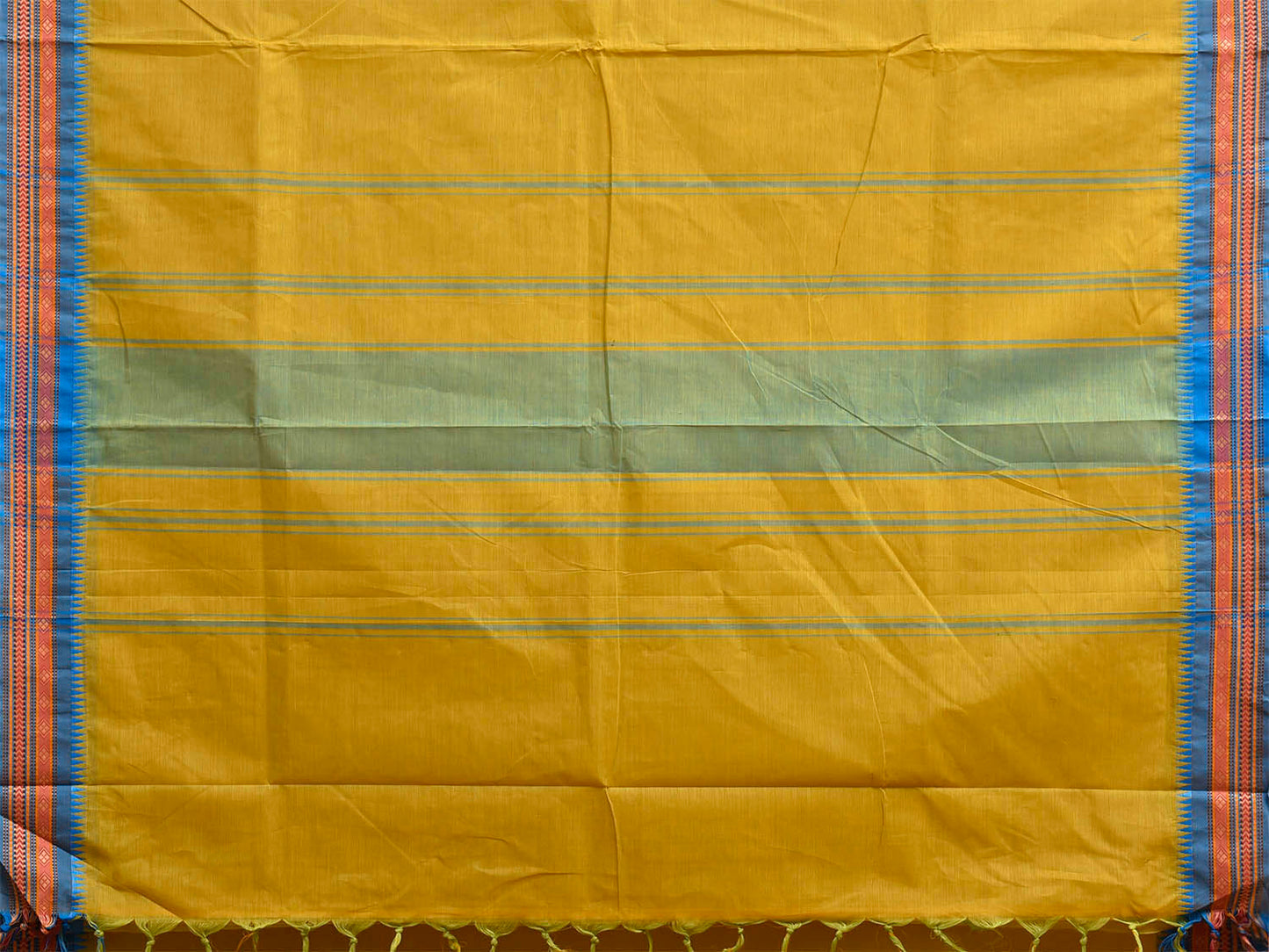 Yellow and Blue Kanchipuram Cotton Plain Saree with Border and Strips Pallu Design k1056