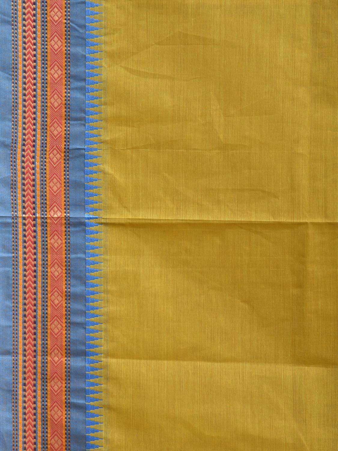 Yellow and Blue Kanchipuram Cotton Plain Saree with Border and Strips Pallu Design k1056