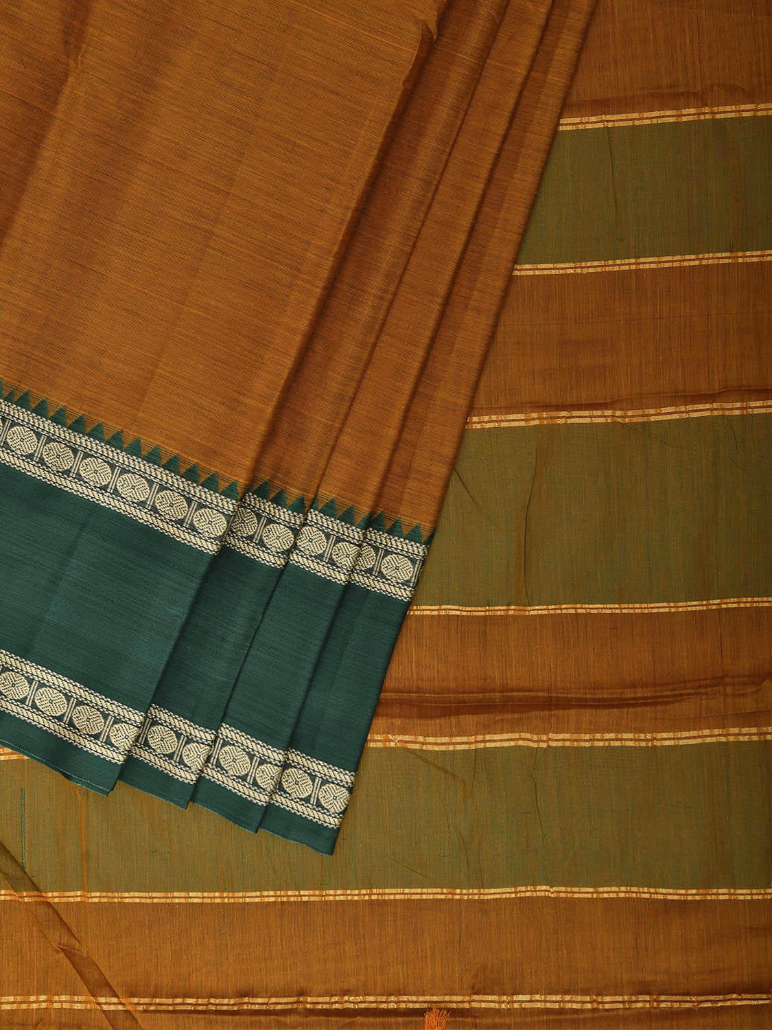 Olive Kanchipuram Cotton Plain Saree with Ganga-Jamuna Border Design No Blouse k1057