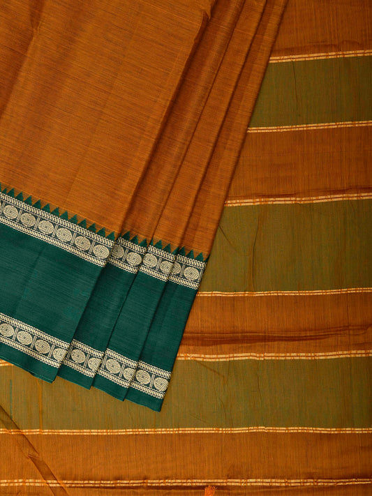 Olive Kanchipuram Cotton Plain Saree with Ganga-Jamuna Border Design No Blouse k1057