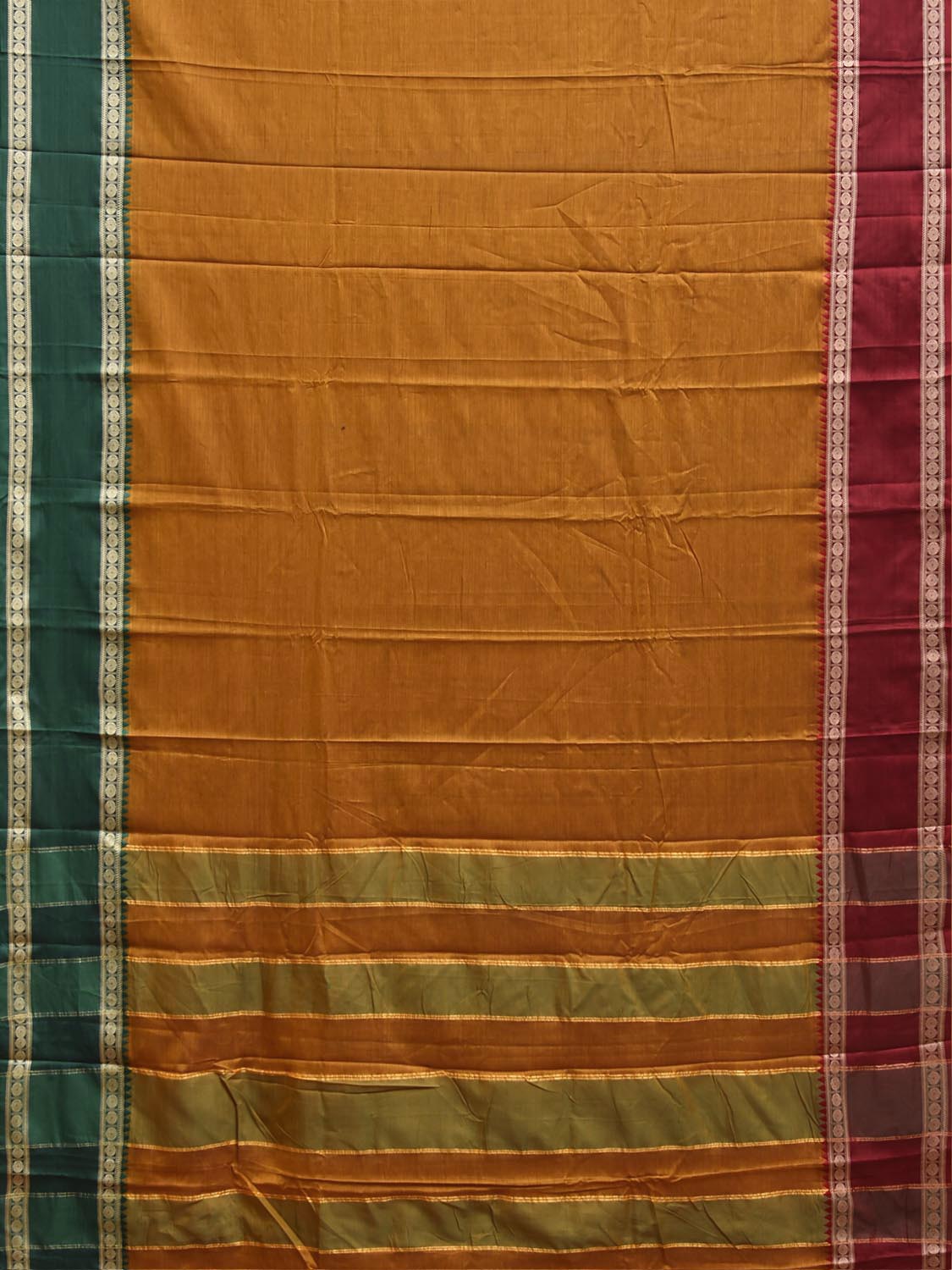 Olive Kanchipuram Cotton Plain Saree with Ganga-Jamuna Border Design No Blouse k1057