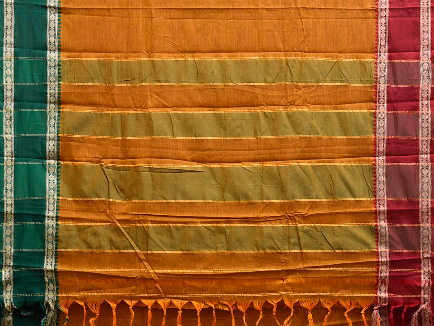 Olive Kanchipuram Cotton Plain Saree with Ganga-Jamuna Border Design No Blouse k1057