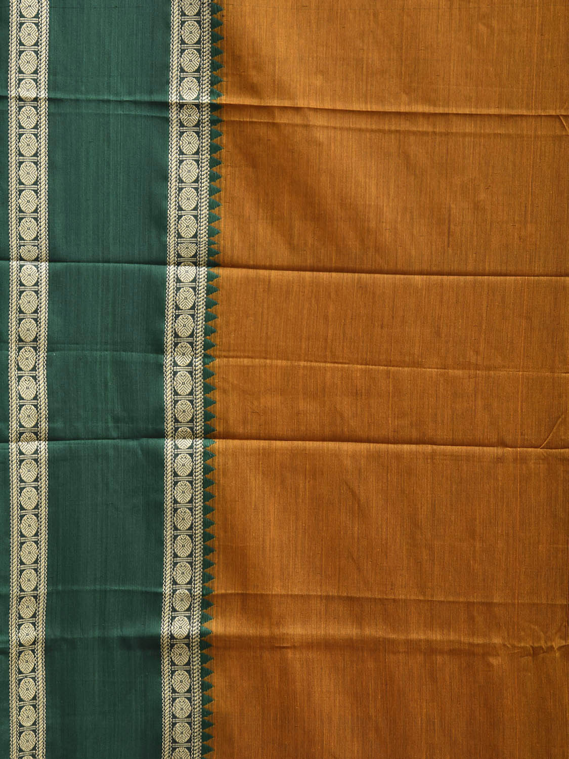 Olive Kanchipuram Cotton Plain Saree with Ganga-Jamuna Border Design No Blouse k1057