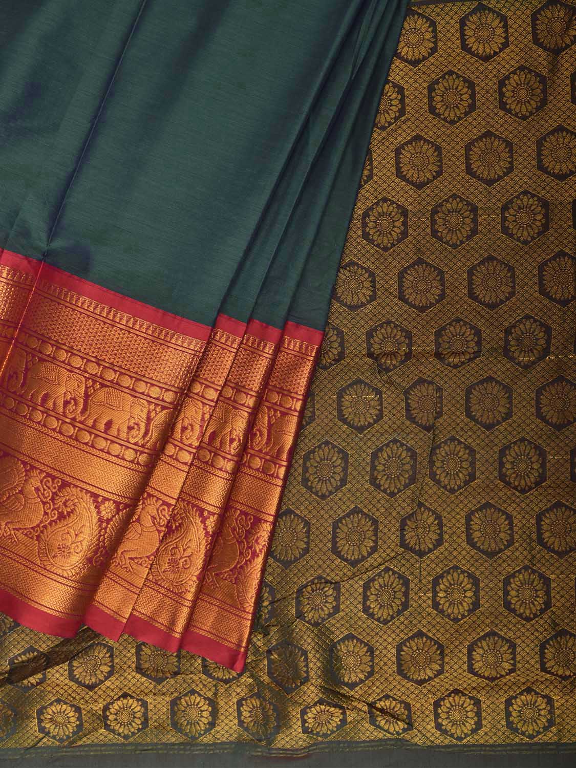 Green and Red Kanchipuram Cotton Viscose Plain Saree with Pallu and Big Border Design No Blouse k1058