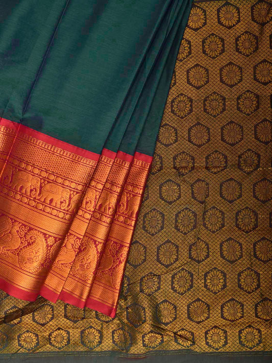 Green and Red Kanchipuram Cotton Viscose Plain Saree with Pallu and Big Border Design No Blouse k1058