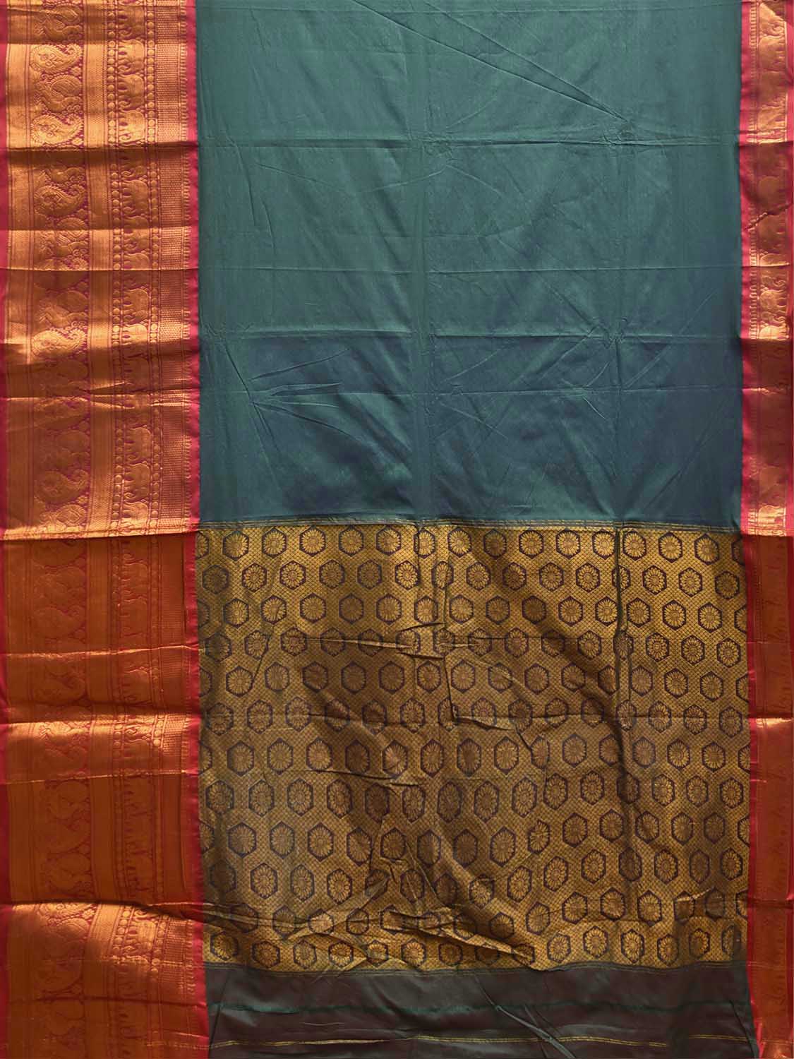 Green and Red Kanchipuram Cotton Viscose Plain Saree with Pallu and Big Border Design No Blouse k1058
