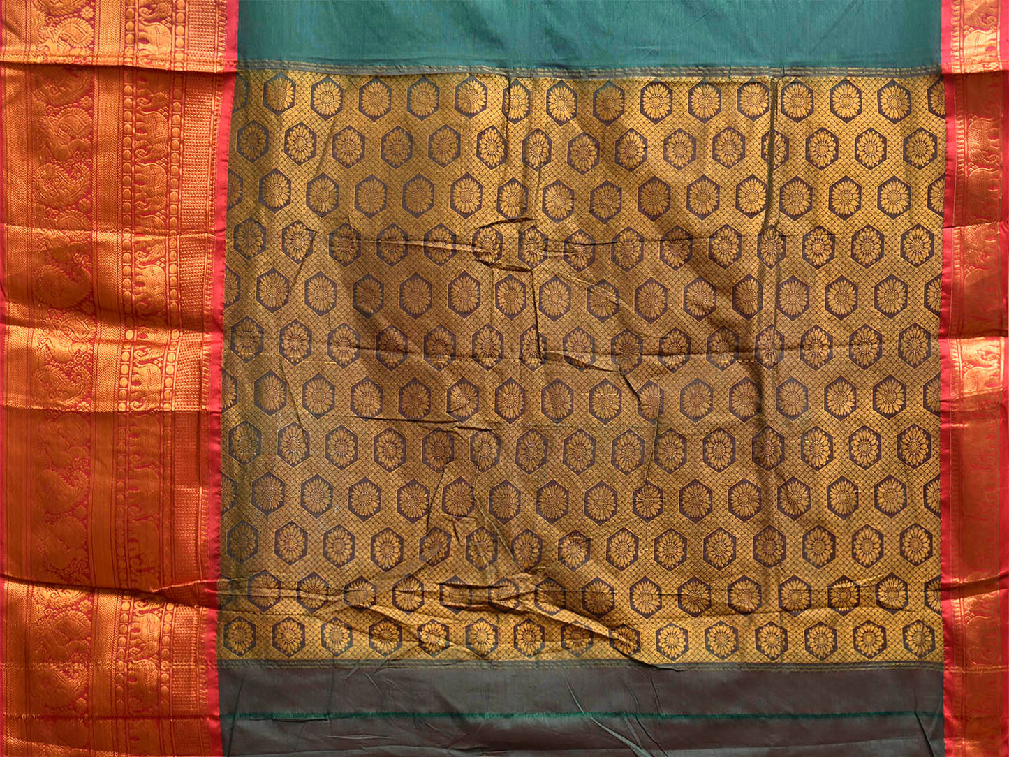 Green and Red Kanchipuram Cotton Viscose Plain Saree with Pallu and Big Border Design No Blouse k1058