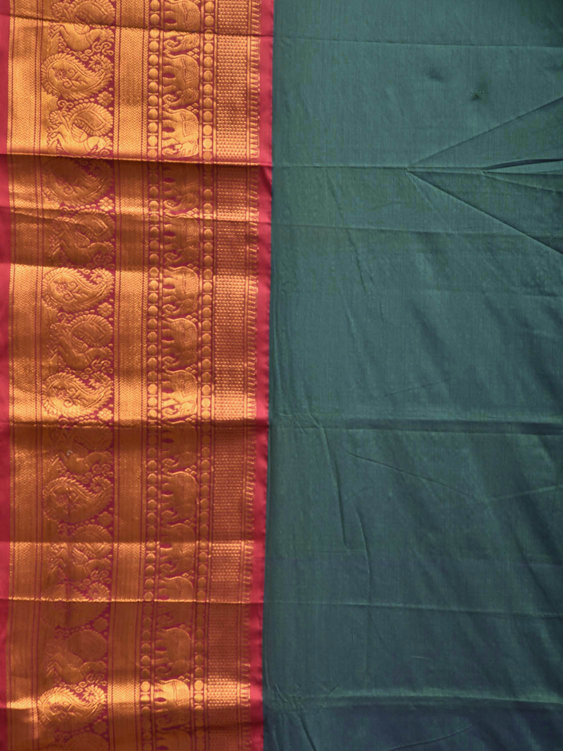 Green and Red Kanchipuram Cotton Viscose Plain Saree with Pallu and Big Border Design No Blouse k1058