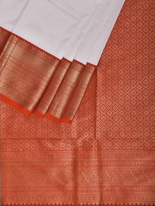 White and Red Kanchipuram Silk Plain Saree with Border and Pallu Design k1059