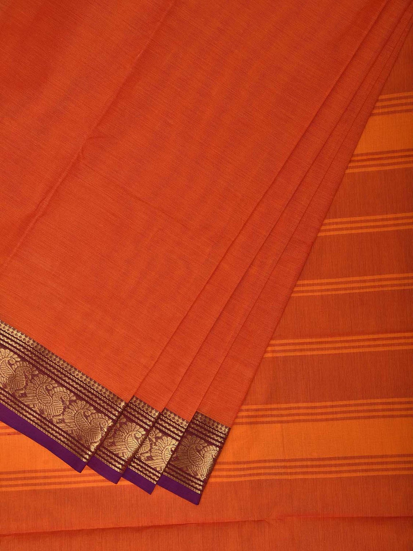 Orange Kanchipuram Cotton Plain Saree with Strips Pallu Design No Blouse k1061