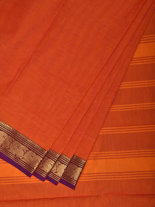Orange Kanchipuram Cotton Plain Saree with Strips Pallu Design No Blouse k1061