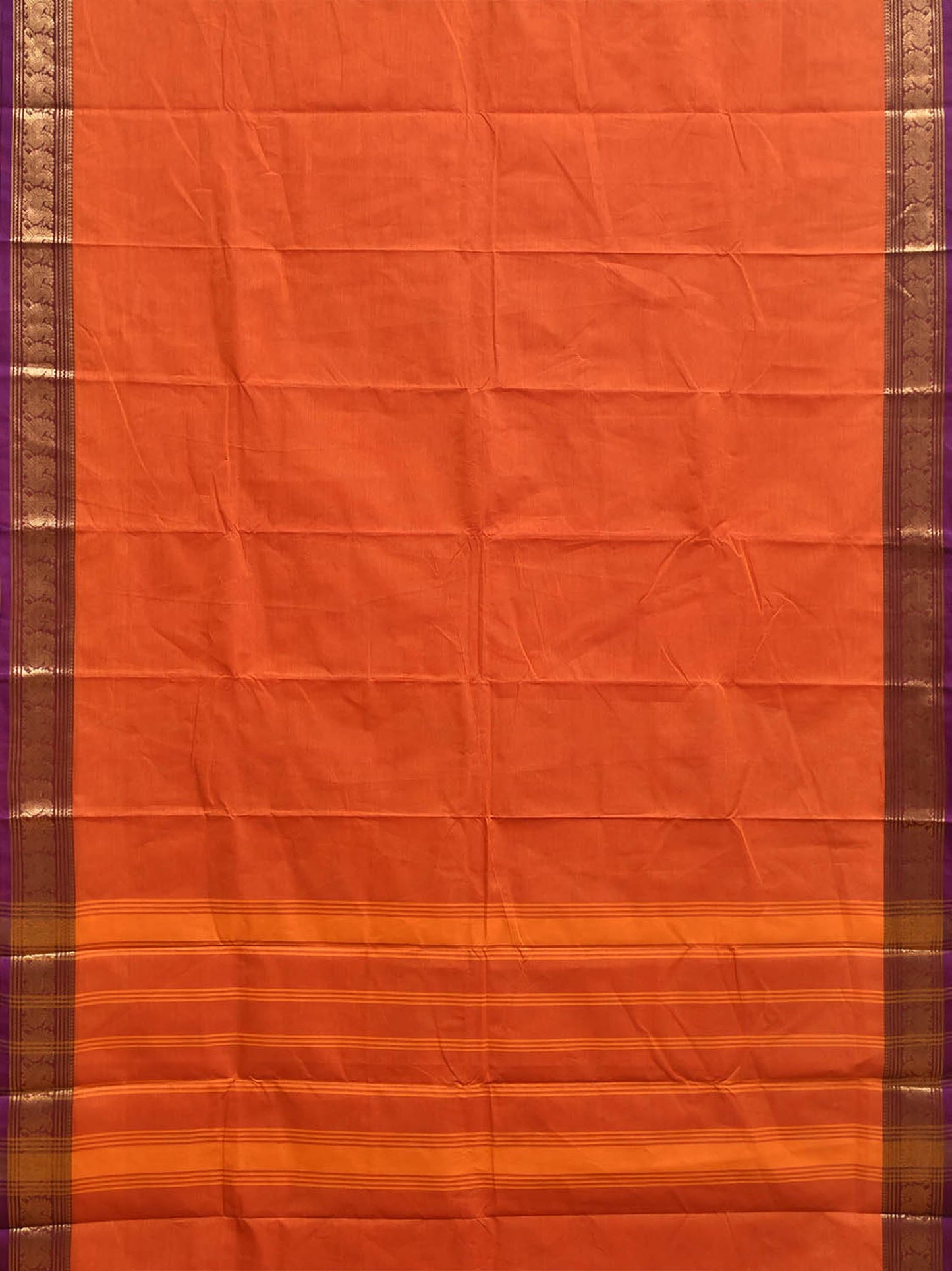 Orange Kanchipuram Cotton Plain Saree with Strips Pallu Design No Blouse k1061