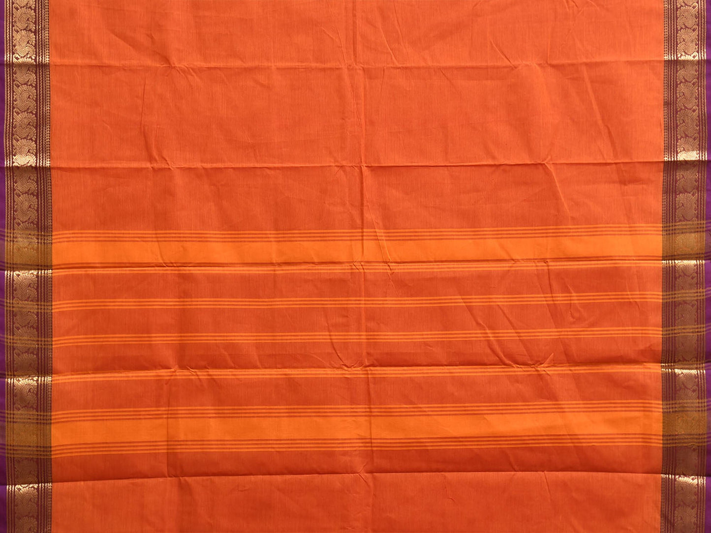 Orange Kanchipuram Cotton Plain Saree with Strips Pallu Design No Blouse k1061