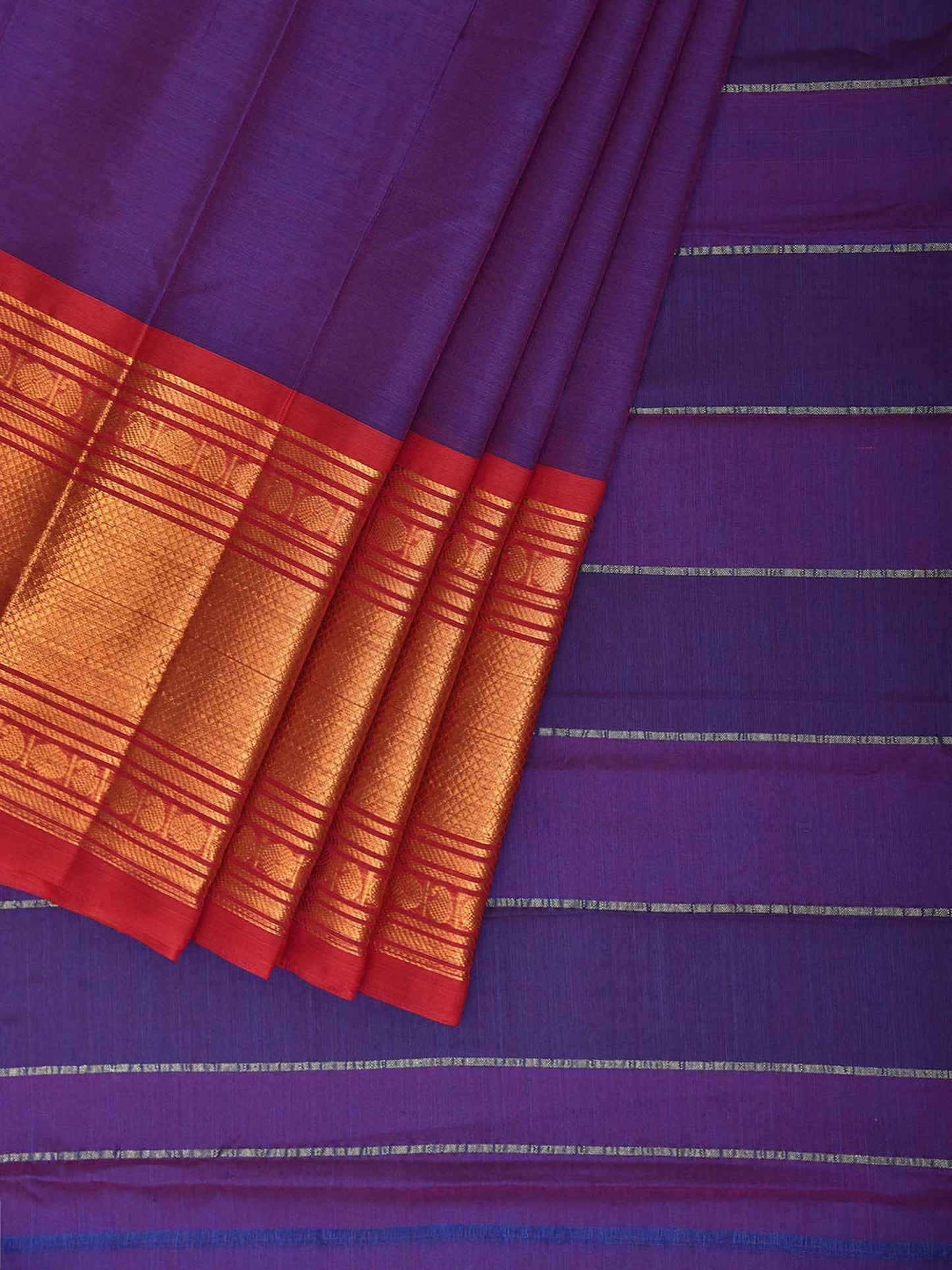 Purple and Red Kanchipuram Cotton Plain Saree with Strips Pallu Design No Blouse k1062