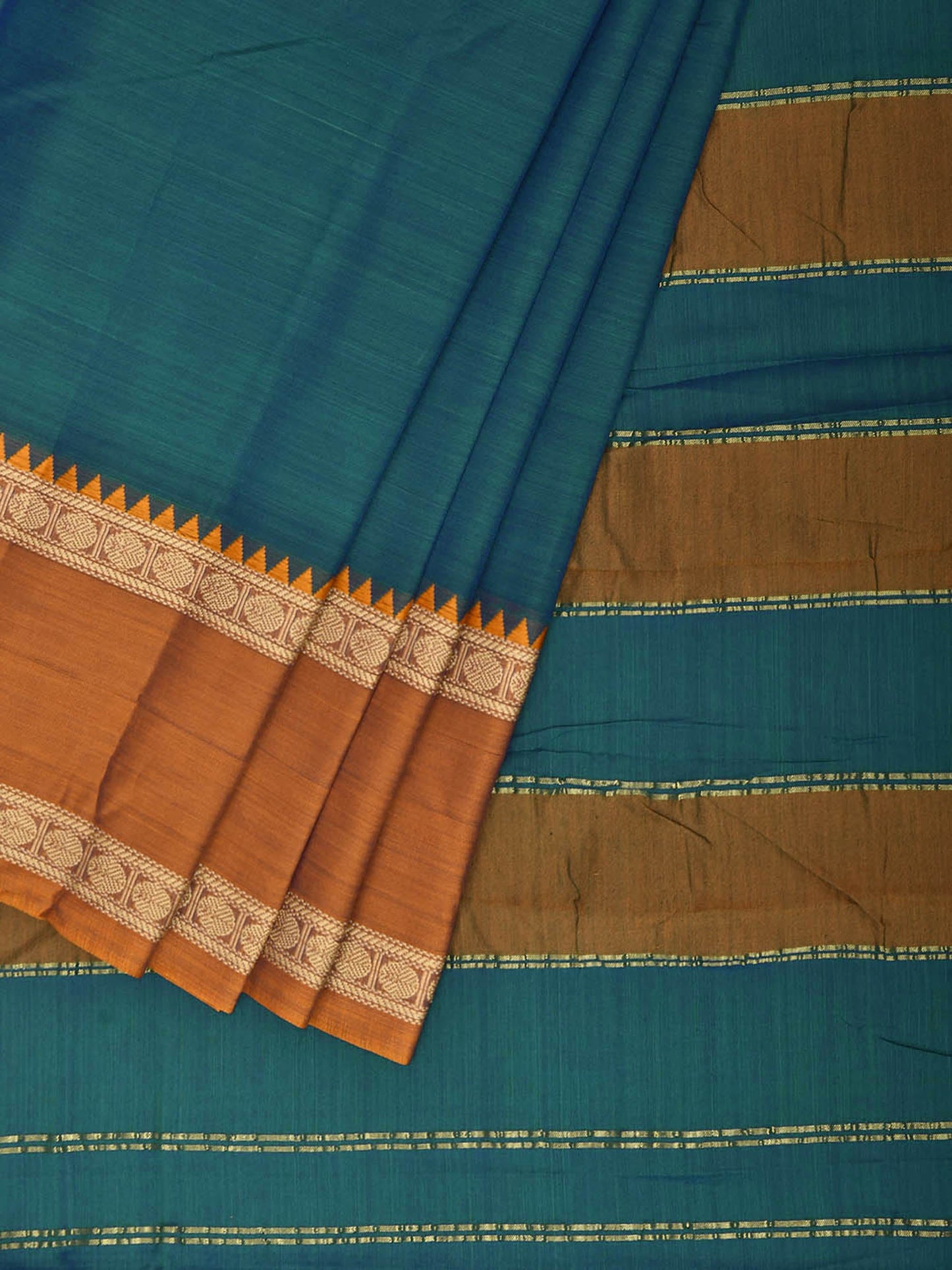Teal Kanchipuram Cotton Plain Saree with Ganga-Jamuna Border Design No Blouse k1063