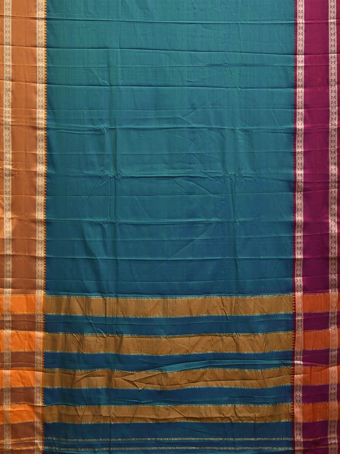 Teal Kanchipuram Cotton Plain Saree with Ganga-Jamuna Border Design No Blouse k1063