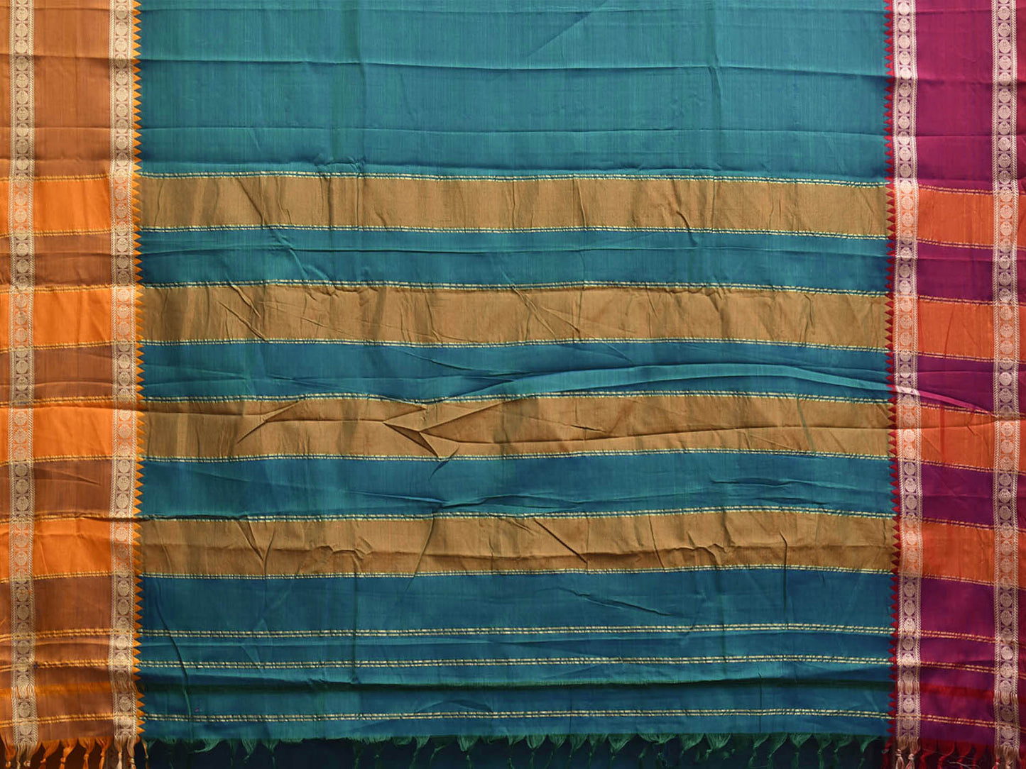 Teal Kanchipuram Cotton Plain Saree with Ganga-Jamuna Border Design No Blouse k1063