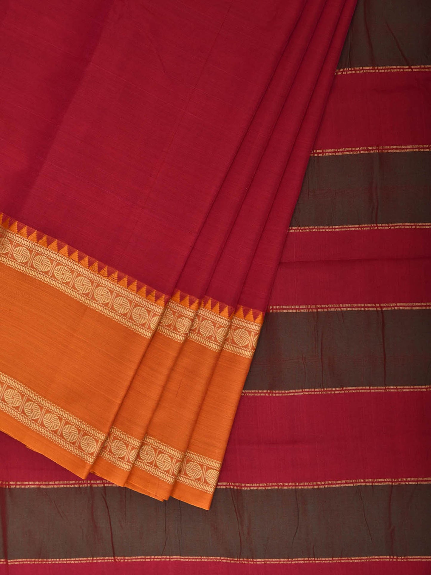Red Kanchipuram Cotton Plain Saree with Ganga-Jamuna Border Design No Blouse k1064