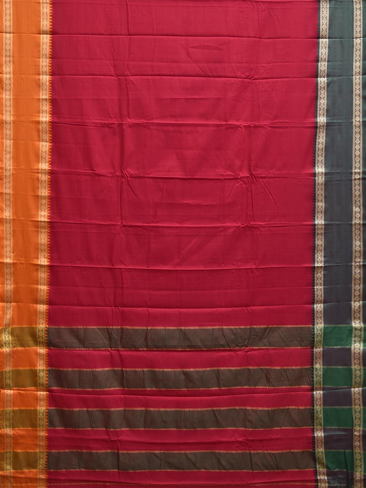 Red Kanchipuram Cotton Plain Saree with Ganga-Jamuna Border Design No Blouse k1064