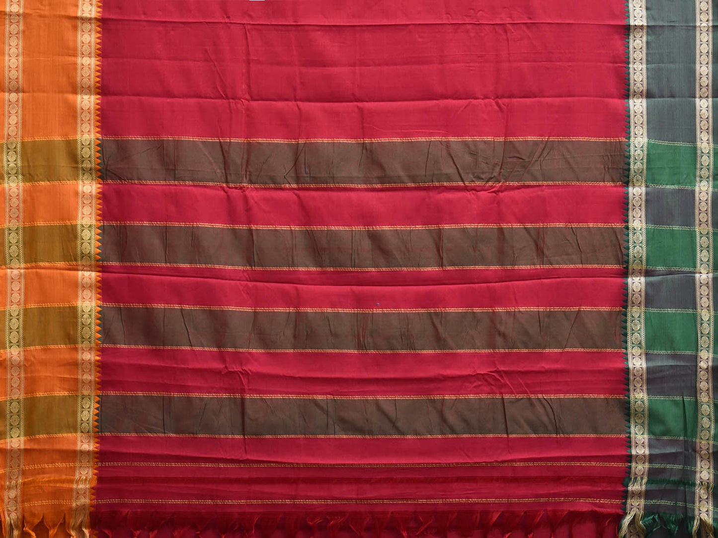Red Kanchipuram Cotton Plain Saree with Ganga-Jamuna Border Design No Blouse k1064