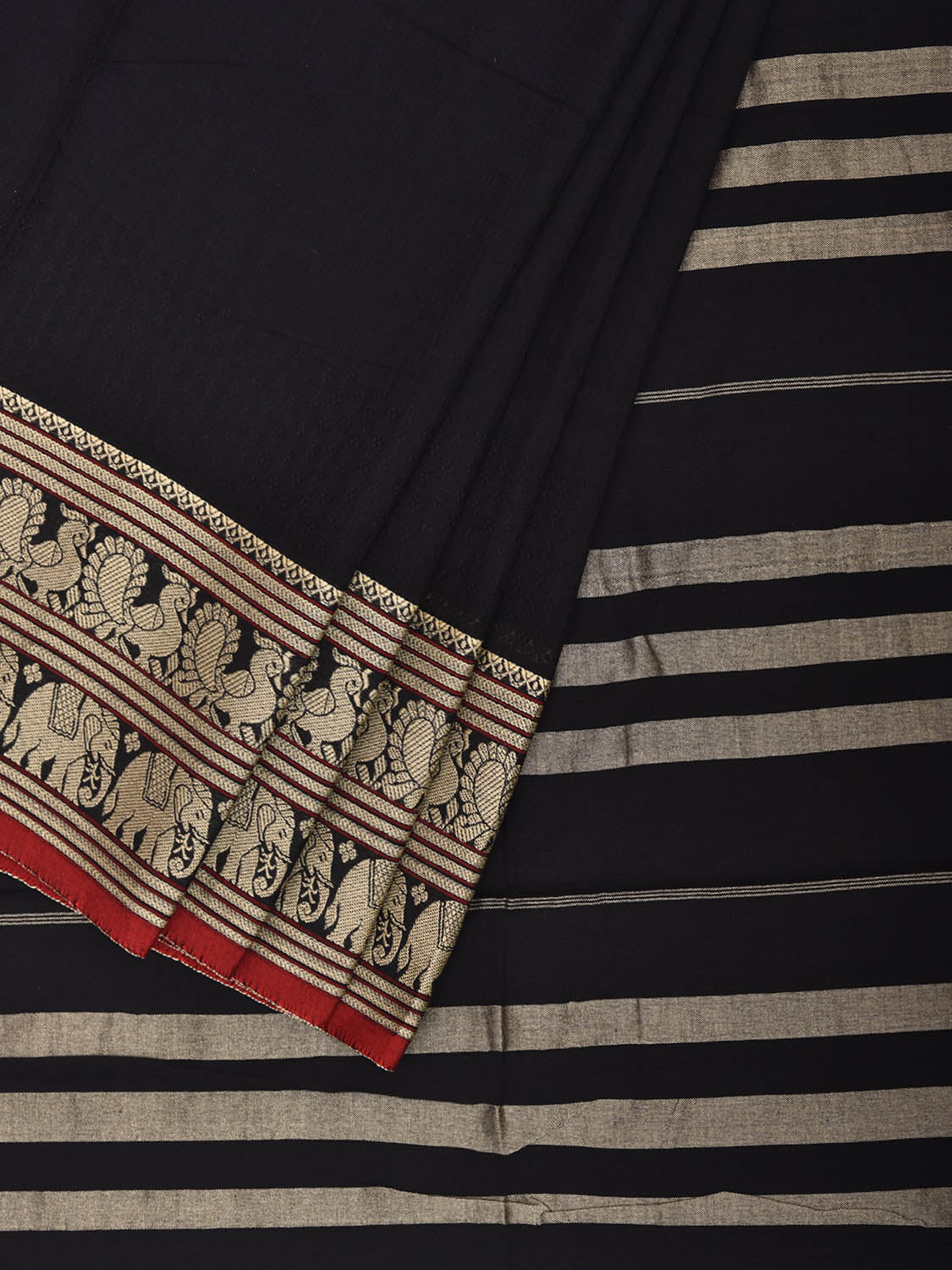 Black Kanchipuram Cotton Plain Saree with Strips Pallu and Border Design No Blouse k1065