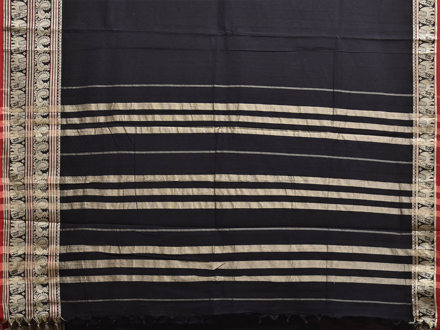 Black Kanchipuram Cotton Plain Saree with Strips Pallu and Border Design No Blouse k1065
