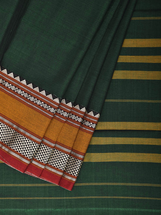 Green Kanchipuram Cotton Plain Saree with Strips Pallu and Border Design No Blouse k1066