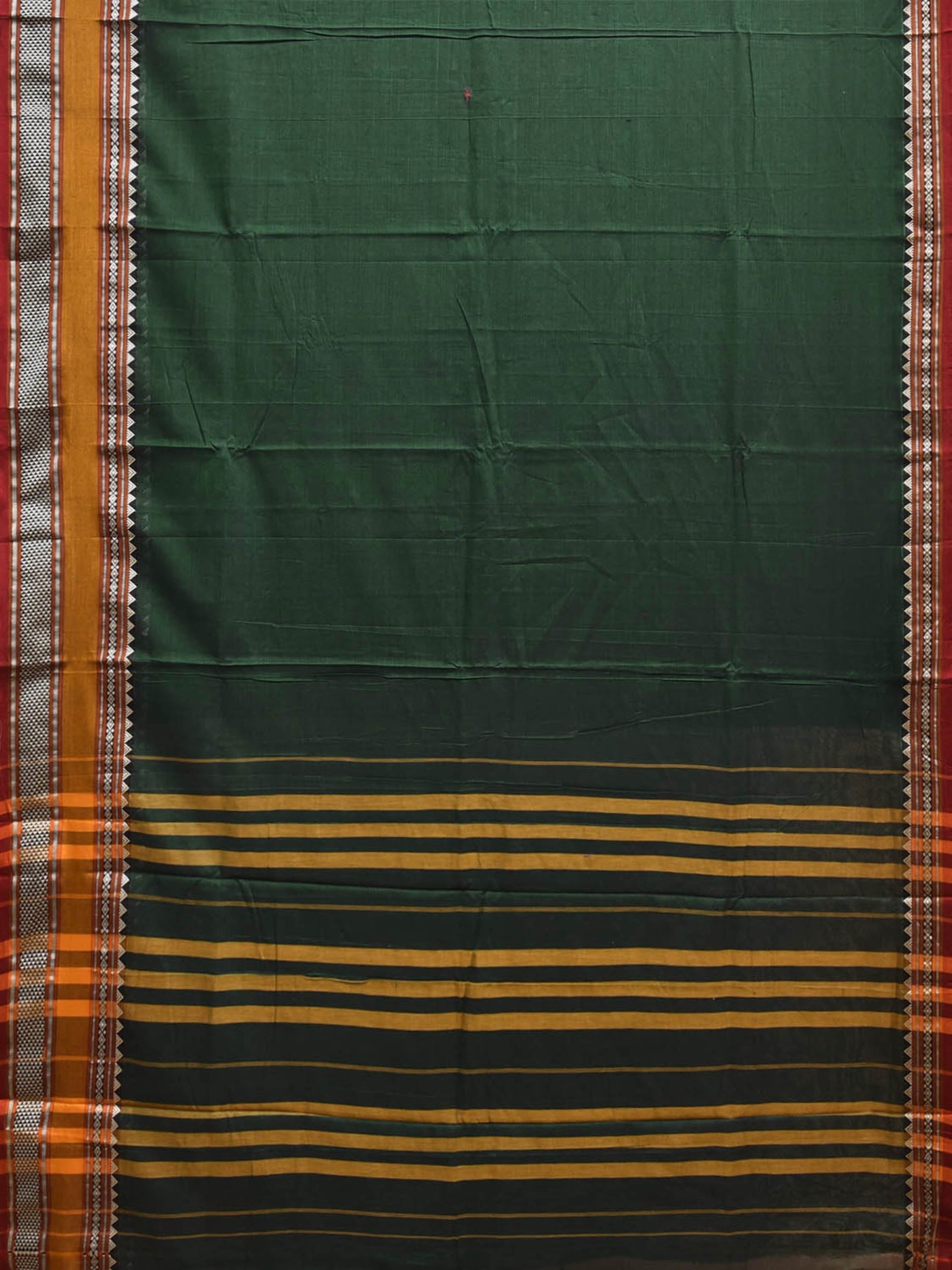 Green Kanchipuram Cotton Plain Saree with Strips Pallu and Border Design No Blouse k1066