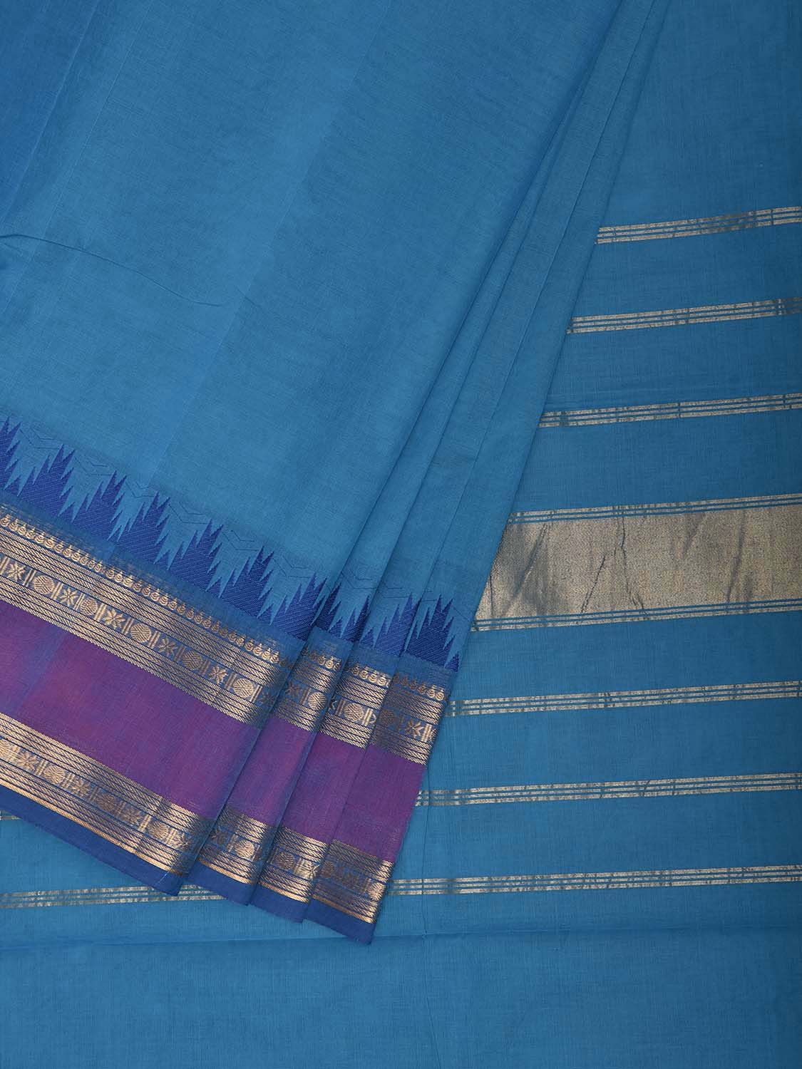 Blue and Purple Kanchipuram Cotton Plain Saree with Temple Border Design k1067